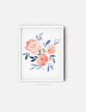 Peach Floral Wall Art, Watercolour Flower Print Wall Art Decor 2